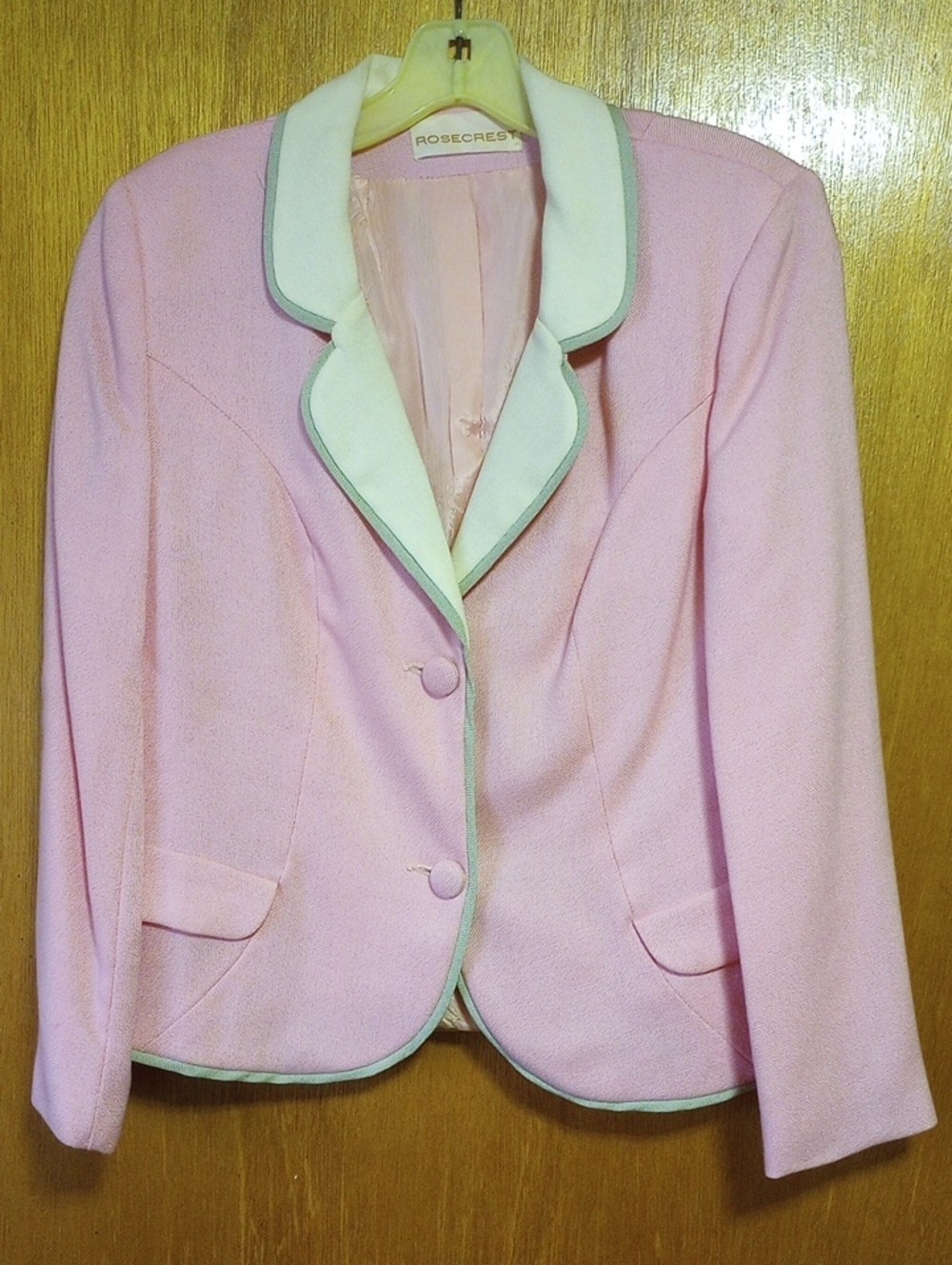 Rosecrest Vintage Pink Blazer & Skirt Set w/ Sage Green & Cream Trim, Size 12 - Picture 2 of 6
